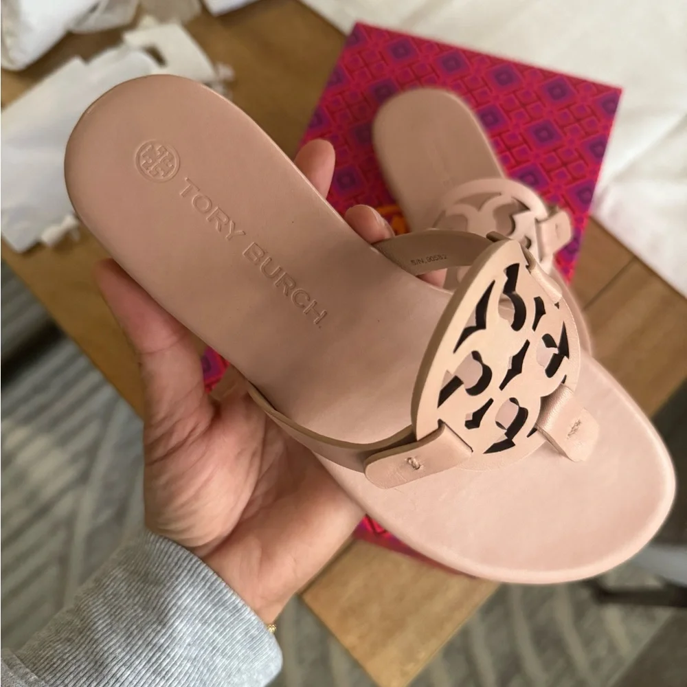 New Tory Burch miller soft calf leather sandals in light sand / makeup colo